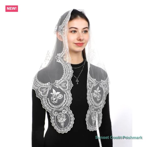 Polyester Lace Mantilla Veil with Cross Rose Embroidery for Church